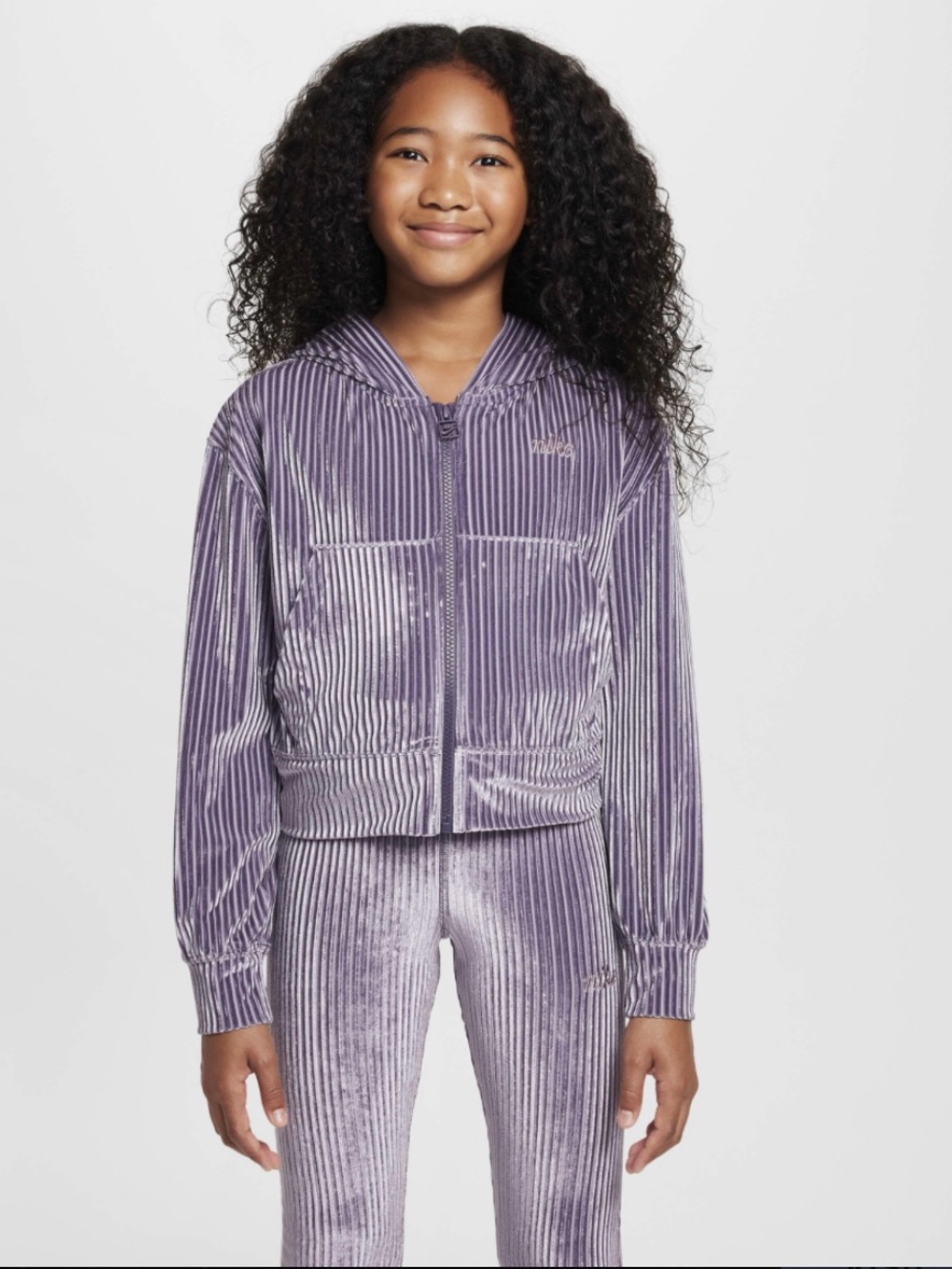 Nike Girls' Grey-ish Purple Velour Zip-Up Hoodie